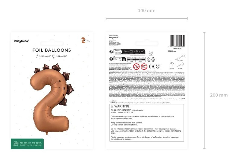 Balon foliowy Cyfra "2" Dinozaur 92cm FB315-2 PartyDeco